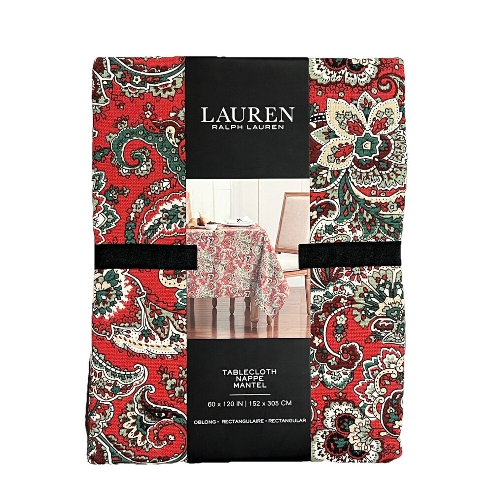 Ralph Lauren Tablecloth Christmas Holiday Paisley 60 x 120 Cotton Red Green New